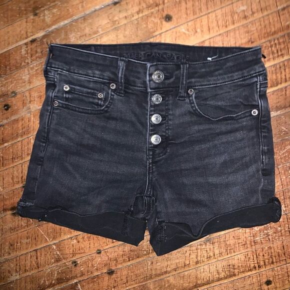 American Eagle black cuffed multi button distressed 2 midi shorts - Picture 1 of 3